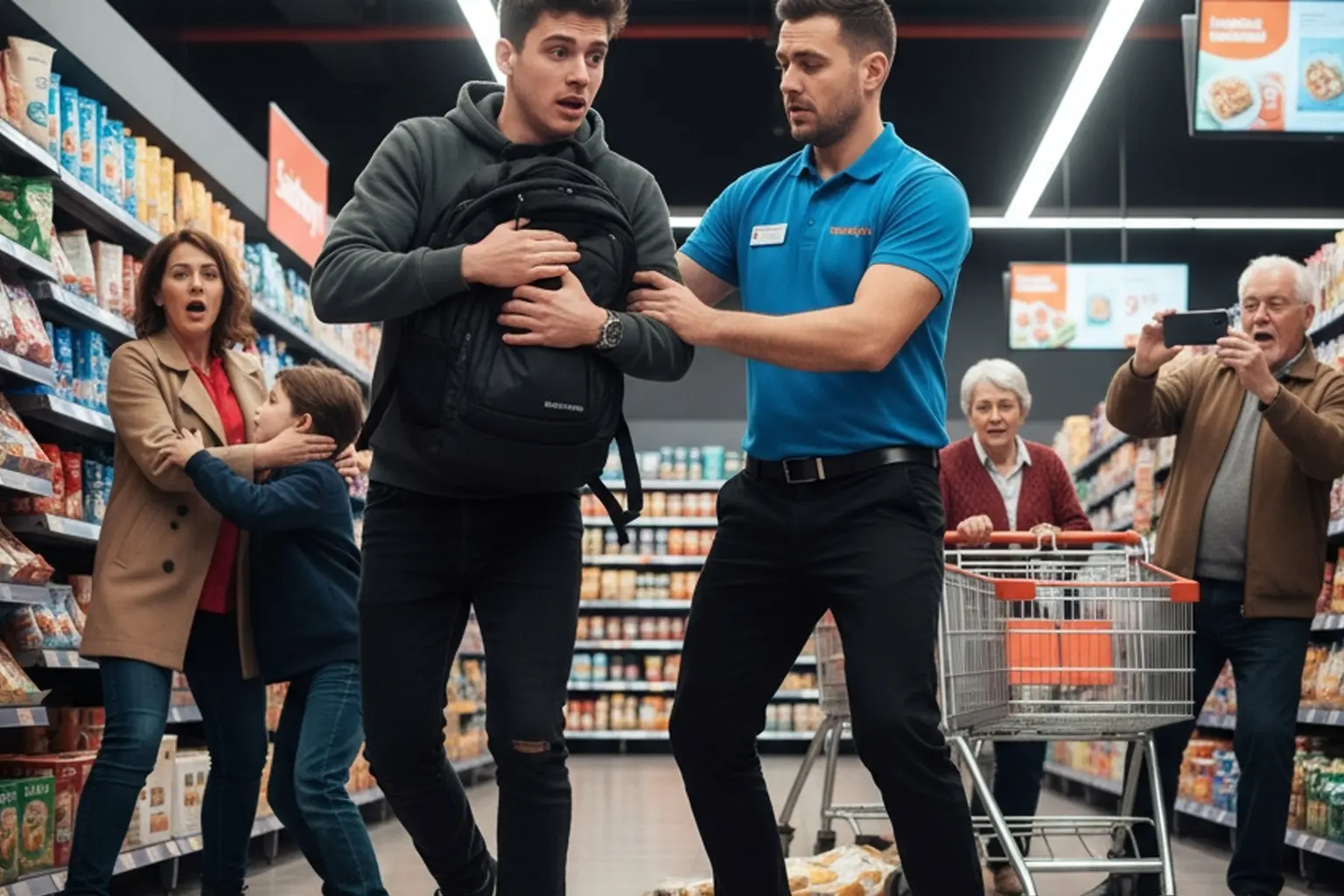 A shoplifter being confronted by an employee.